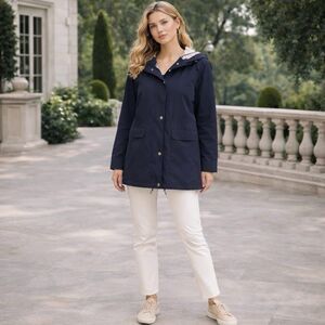 COACH Hooded Raincoat Jacket LARGE Snap Front Blazer Cardigan Lightweight READ